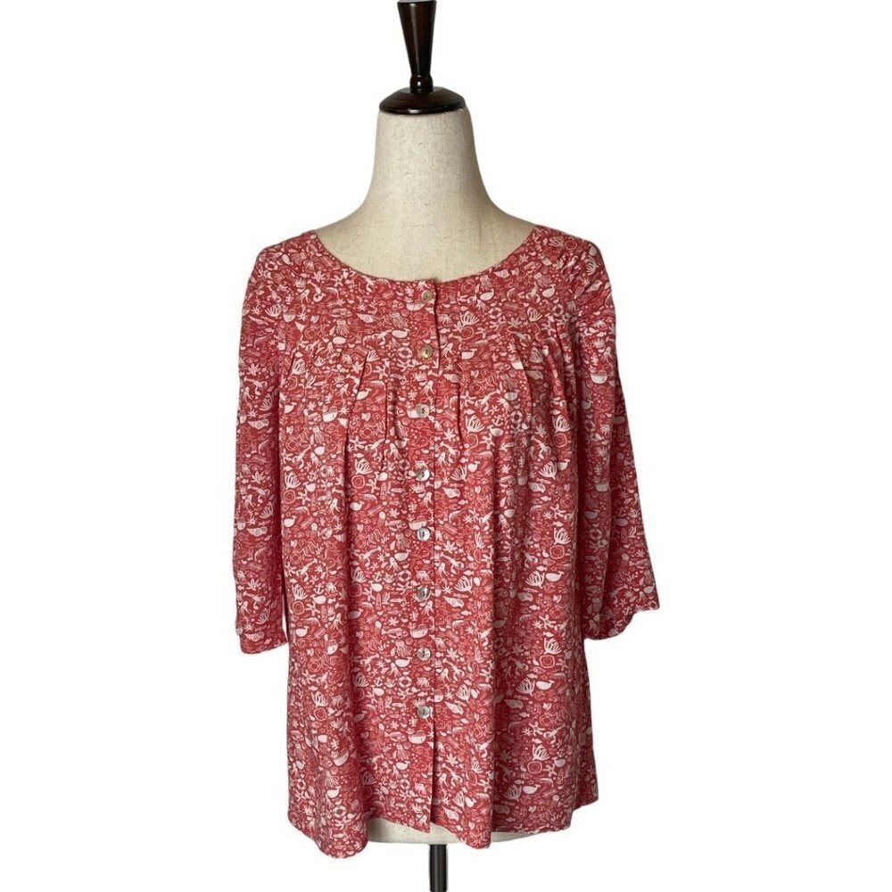 Le Phare La Baleine Red‎ And White Pleat Front Button Down Blouse Size S